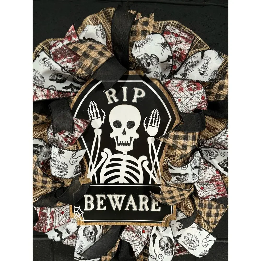 Halloween Wreath~Rustic Brown, Black, White Skeletons~Large~Front Door~Handmade